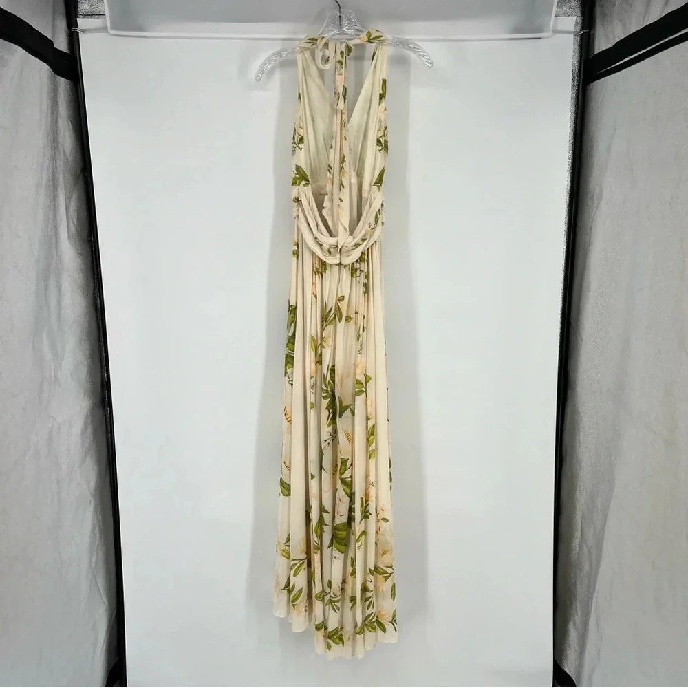 Farm Rio Cream Floral Boho V Neck Tie Back Adjustable Halter Maxi Dress Gown M - Picture 7 of 12